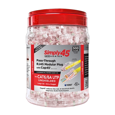 Simply45 ProSeries Cat6/6a Unshielded Pass-Through RJ45 Modular Plugs with Cap45 - 500 Piece Jar - S45-1705P