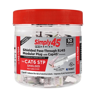 Simply45 ProSeries Cat6/6a Shielded External Ground - Pass-Through RJ45 with Cap45 & Bar45 - 50 Piece Jar - S45-1750P