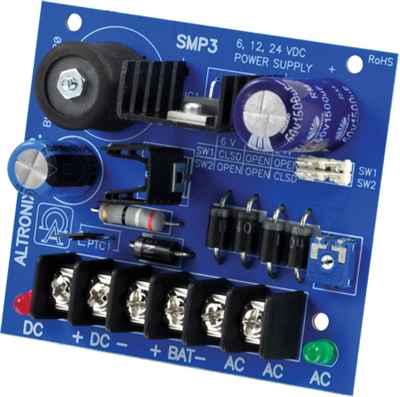 Altronix SMP3 Power Supply Charger (Single Output, 6/12/24VDC @ 2.5A, 24/28VAC, Board)