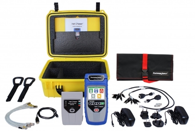 Net Chaser, Deluxe Test Kit, TNC950DX, technician, installer,  Ethernet Speed Certifier & Network TesterMain Unit, Net Chaser Active Remote Protective Hard Case, Power Supply, 4 GB SD Card, Micro USB Cable, FTP Patch Cable, CAT5e, RJ45, Port Saver, Cable
