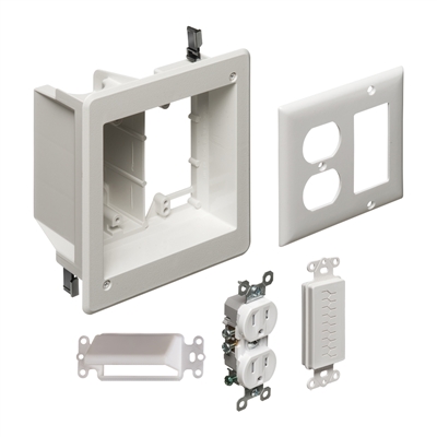 Arlington TVBR505K Two-Gang Recessed TV Box Kit. For new or existing construction. Comes with low voltage divider.