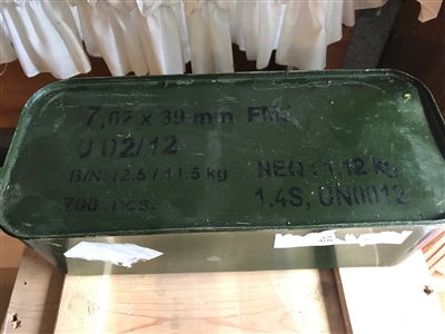 7.62x39 FMJ 123gr Romanian Surplus ammunition - 700 round sealed tin