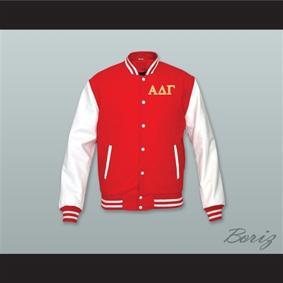 Alpha Delta Gamma Fraternity Red Wool and White Lab Leather Varsity Letterman Jacket