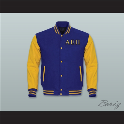 Alpha Epsilon Pi Fraternity Royal Blue Wool and Yellow Gold Lab Leather Varsity Letterman Jacket