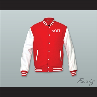 Alpha Omicron Pi Sorority Red Wool and White Lab Leather Varsity Letterman Jacket