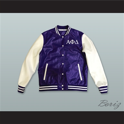 Alpha Phi Delta Fraternity Purple and White Lab Leather Varsity Letterman Jacket