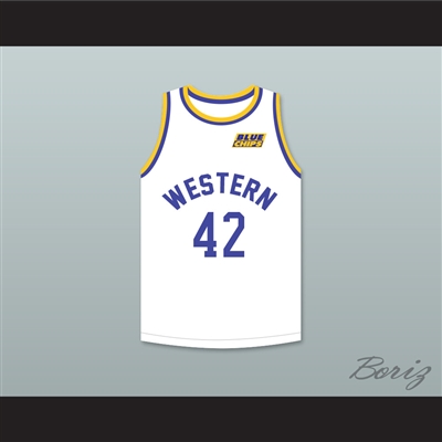 Matt Nover Ricky Roe 42 Western University White Basketball Jersey with Blue Chips Patch