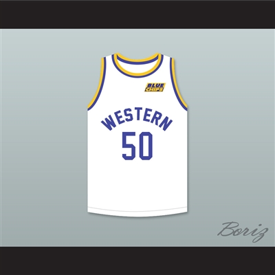 Shaq Neon Boudeaux 50 Western University White Basketball Jersey with Blue Chips Patch