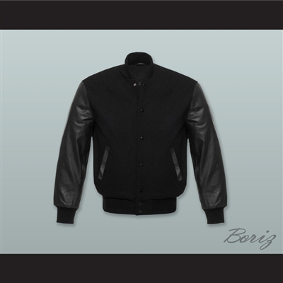 Black Wool and Black Lab Leather Varsity Letterman Jacket