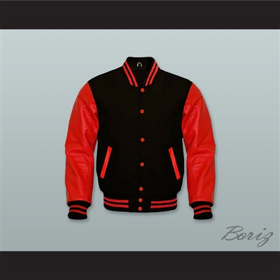 Black Wool and Red Lab Leather Varsity Letterman Jacket