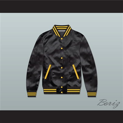 Black and Gold Varsity Letterman Satin Bomber Jacket