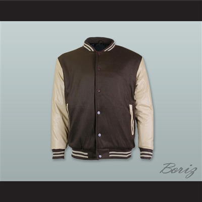 Brown Wool and Tan Lab Leather Varsity Letterman Jacket