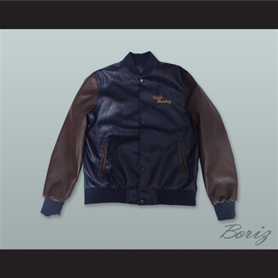 Coach Gordon Bombay Navy Blue, Green and Brown Lab Leather Varsity Letterman Jacket