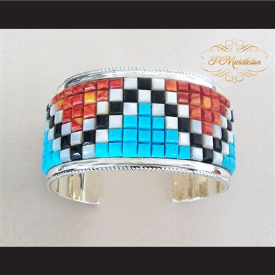 P Middleton Corn Row Cuff Bracelet Sterling Silver .925 with Semi-Precious Stones