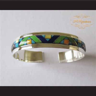 P Middleton Geometric Micro Inlay Cuff Bracelet Sterling Silver .925