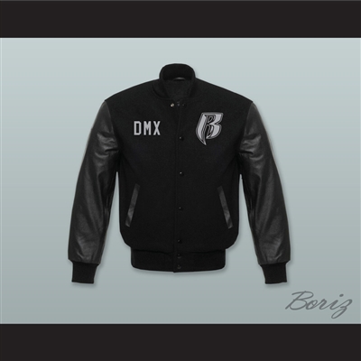 DMX Rough Ryders NYC Black Wool and Black Lab Leather Varsity Letterman Jacket