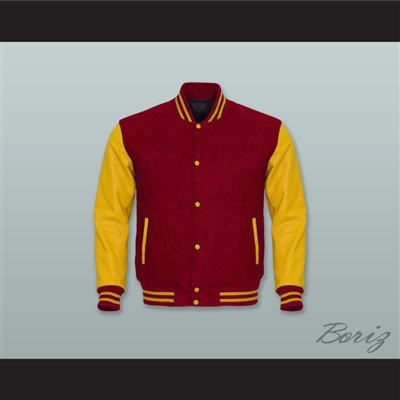 Dark Red Wool and Yellow Gold Lab Leather Varsity Letterman Jacket