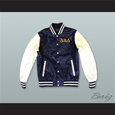 Delta Delta Delta Sorority Navy Blue and White Lab Leather Varsity Letterman Jacket
