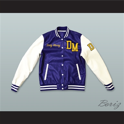 Dirty Money Blue and White Lab Leather Varsity Letterman Jacket