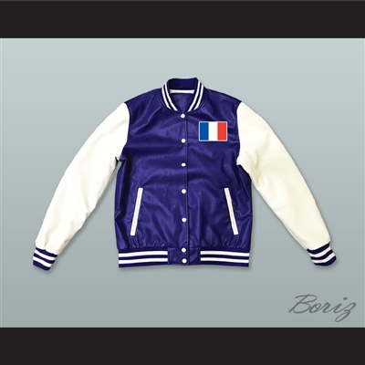 France Blue and White Lab Leather Varsity Letterman Jacket