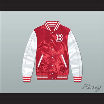 Fredo Bang No Security Red and White Varsity Letterman Satin Bomber Jacket