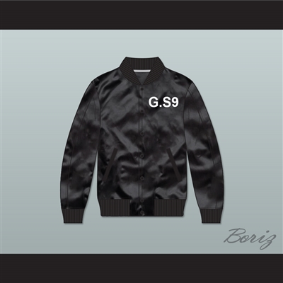 G.S9 Black Varsity Letterman Satin Bomber Jacket
