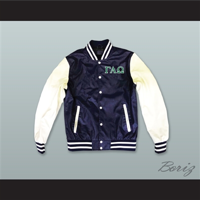 Gamma Alpha Omega Sorority Navy Blue and White Lab Leather Varsity Letterman Jacket