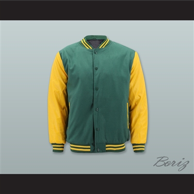 Green Wool and Yellow Gold Lab Leather Varsity Letterman Jacket