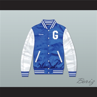 Grinder Grind Institute Blue/ White Varsity Letterman Satin Bomber Jacket