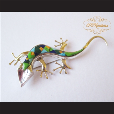 P Middleton Gecko Brooch Sterling Silver .925 with Micro Inlay Stones