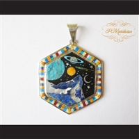 P Middleton Cosmic Hexagon Pendant Sterling Silver .925 with Micro Inlay Stones
