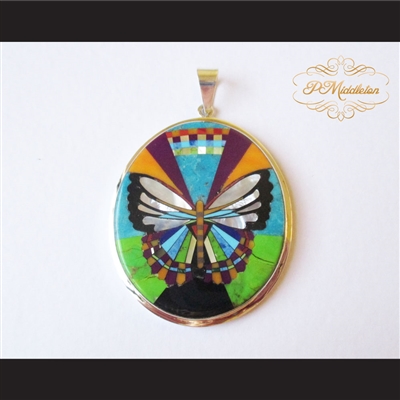 P Middleton Butterfly Oval Pendant Sterling Silver .925 with Micro Inlay Stones