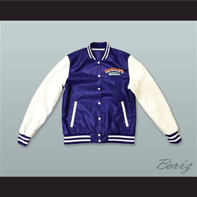 Hugalo's Pizza Blue and White Lab Leather Varsity Letterman Jacket
