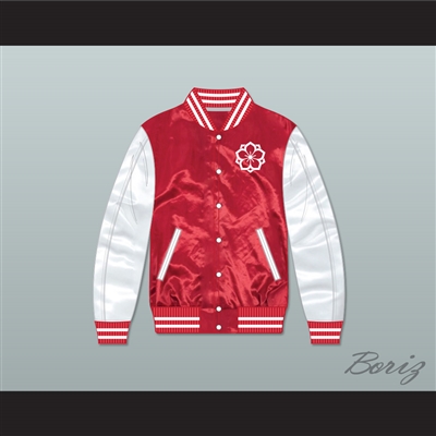 Japanese Flower Design Red/ White Varsity Letterman Satin Bomber Jacket