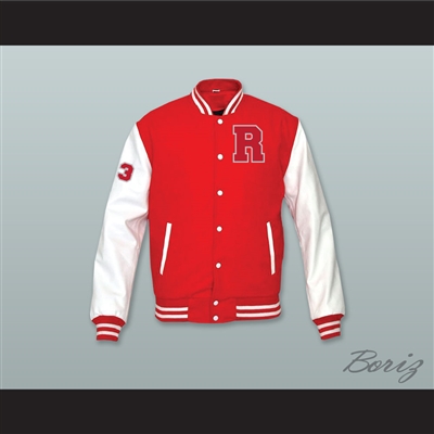 Charles Jefferson 33 Ridgemont Wolves Red Wool and White Lab Leather Varsity Letterman Jacket