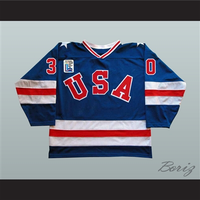 1980 Miracle On Ice Team USA Jim Craig 30 Hockey Jersey Blue with Patch