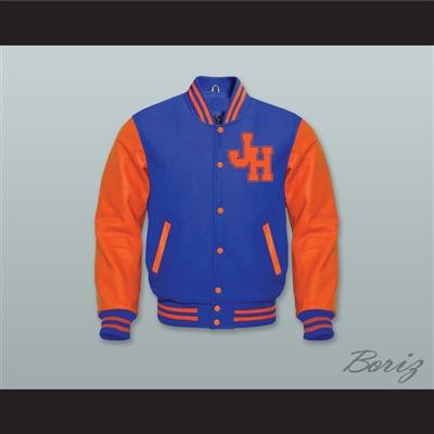 John Hughes High School Royal Blue Wool and Orange Lab Leather Varsity Letterman Jacket