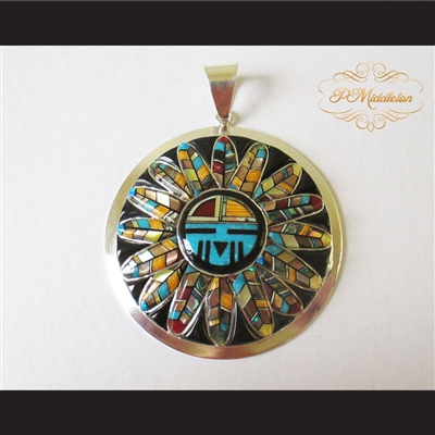 P Middleton Kachina Flower Pendant Sterling Silver .925 with Micro Stone Inlay