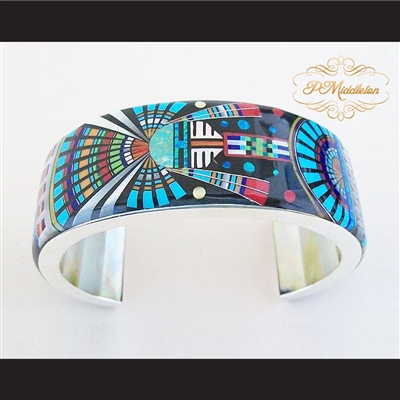 P Middleton Kachina Sun Cuff Bracelet Sterling Silver .925 with Micro Inlay Stones
