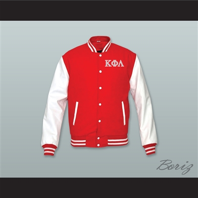 Kappa Phi Lambda Sorority Red Wool and White Lab Leather Varsity Letterman Jacket
