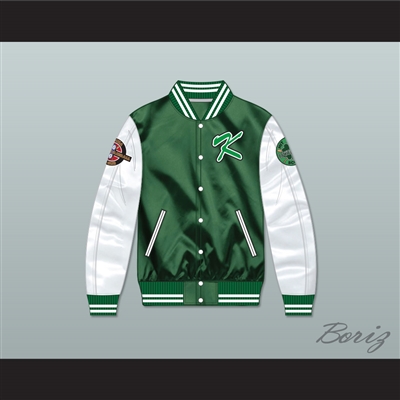 Kekambas Green/ White Varsity Letterman Satin Bomber Jacket 4