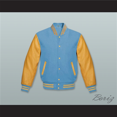 Light Blue Wool and Old Gold Lab Leather Varsity Letterman Jacket