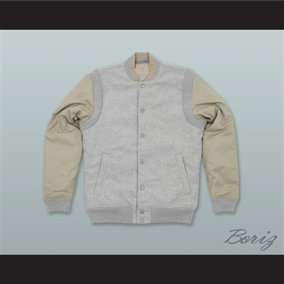 Light Gray and Tan Varsity Letterman Jacket-Style Sweatshirt