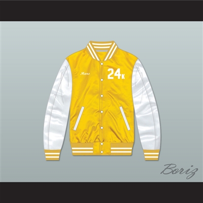 Bruno Mars 24K Hooligans Yellow/ White Varsity Letterman Satin Bomber Jacket 2