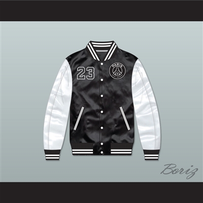 Michael Jordan 23 Paris Saint-Germain F.C. Black/ White Varsity Letterman Satin Bomber Jacket