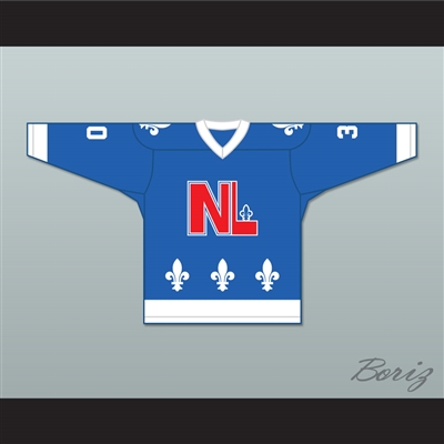 Michel Mathieu 30 Le National de QueÌbec Blue Hockey Jersey- Lance et compte (He Shoots, He Scores)