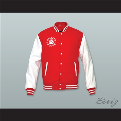 Minnville High School Grizzlies Football Red Wool and White Lab Leather Varsity Letterman Jacket