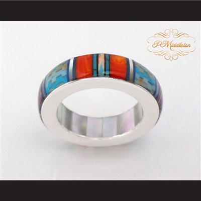 P Middleton Turquoise Multi-Color Micro Inlay Sterling Silver .925 Band Ring