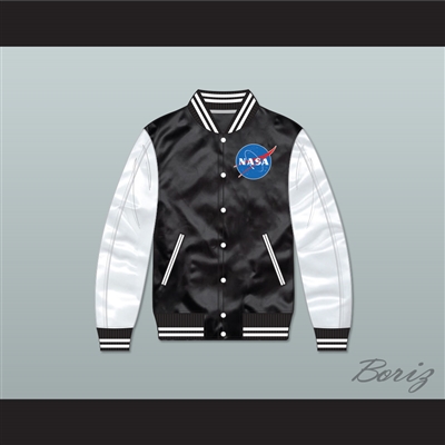 NASA Black/ White Varsity Letterman Satin Bomber Jacket