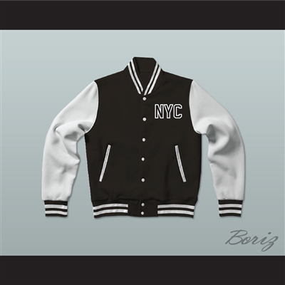 New York City NYC Queens Black Letterman Jacket-Style Sweatshirt